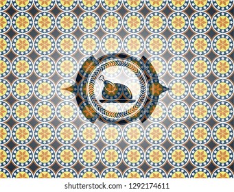 chicken dish icon inside arabic style emblem. Arabesque decoration.
