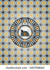 chicken dish icon inside arabic emblem. Arabesque decoration.