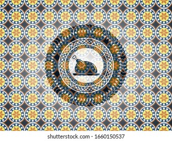chicken dish icon inside arabic style emblem. Arabesque decoration.