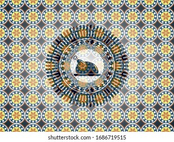chicken dish icon inside arabic badge. Arabesque decoration.