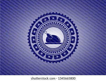 chicken dish icon inside badge with jean texture