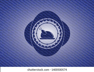chicken dish icon inside badge with jean texture
