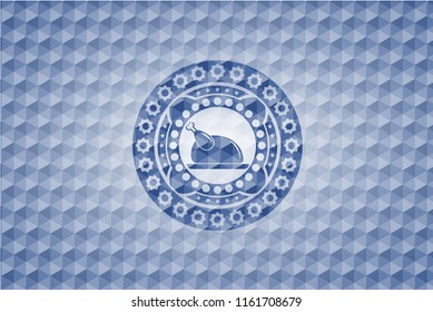 chicken dish icon inside blue badge with geometric pattern background.