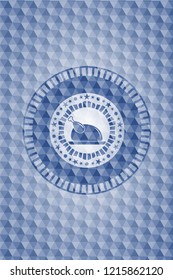 chicken dish icon inside blue emblem or badge with abstract geometric pattern background.