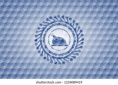 chicken dish icon inside blue emblem or badge with abstract geometric pattern background.