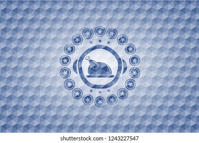 chicken dish icon inside blue emblem or badge with abstract geometric pattern background.