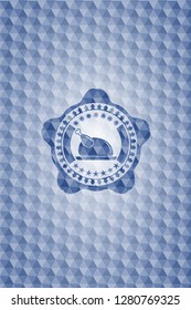 chicken dish icon inside blue badge with geometric pattern background.