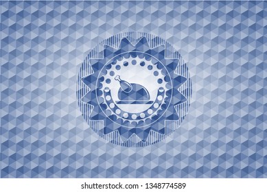 chicken dish icon inside blue emblem or badge with abstract geometric pattern background.