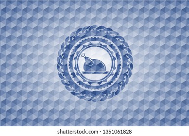 chicken dish icon inside blue emblem with geometric pattern.