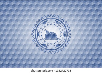 chicken dish icon inside blue emblem or badge with abstract geometric polygonal pattern background.