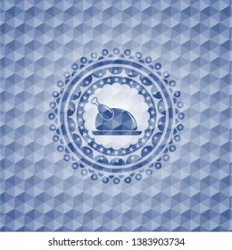 chicken dish icon inside blue badge with geometric pattern background.