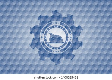 chicken dish icon inside blue badge with geometric pattern.