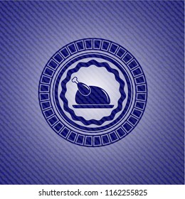 chicken dish icon inside emblem with denim texture