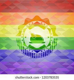 chicken dish icon inside emblem on mosaic background with the colors of the LGBT flag