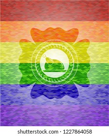 chicken dish icon inside emblem on mosaic background with the colors of the LGBT flag