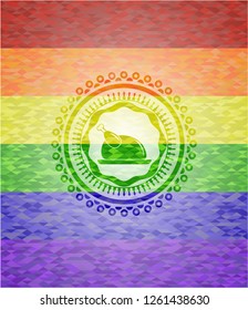 chicken dish icon inside emblem on mosaic background with the colors of the LGBT flag