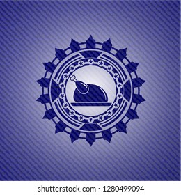 chicken dish icon inside emblem with jean texture