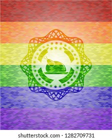chicken dish icon inside emblem on mosaic background with the colors of the LGBT flag