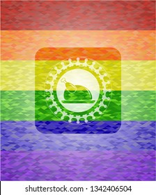 chicken dish icon inside emblem on mosaic background with the colors of the LGBT flag