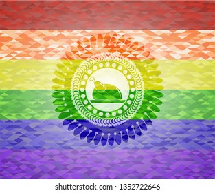 chicken dish icon inside emblem on mosaic background with the colors of the LGBT flag