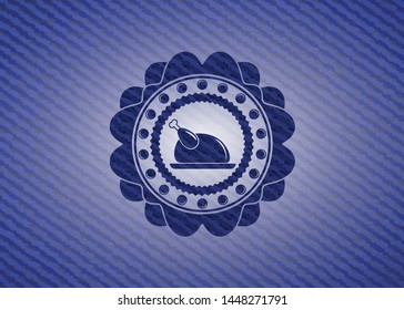chicken dish icon inside emblem with denim texture