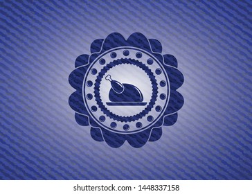 chicken dish icon inside emblem with denim texture