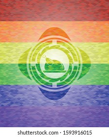 chicken dish icon inside emblem on mosaic background with the colors of the LGBT flag