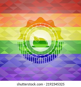chicken dish icon inside emblem on mosaic background with the colors of the LGBT flag. 