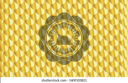 chicken dish icon inside gold emblem. Scales pattern. Vector Illustration. Detailed.
