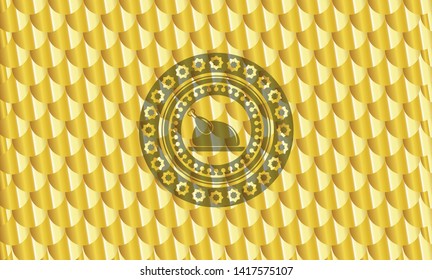 chicken dish icon inside gold emblem or badge. Scales pattern. Vector Illustration. Detailed.