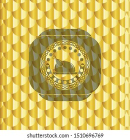 chicken dish icon inside gold emblem or badge. Scales pattern. Vector Illustration. Detailed.