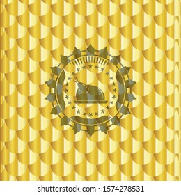 chicken dish icon inside gold shiny emblem. Scales pattern. Vector Illustration. Detailed.
