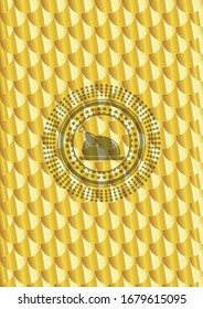 chicken dish icon inside golden badge. Scales pattern. Vector Illustration. Detailed.