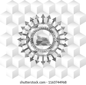 chicken dish icon inside grey emblem with cube white background
