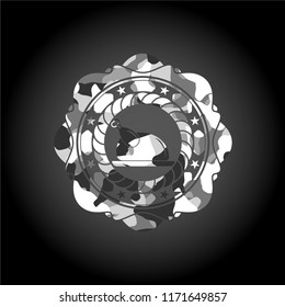 chicken dish icon inside grey camouflage emblem