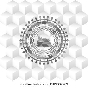 chicken dish icon inside grey emblem. Vintage with geometric cube white background