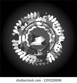 chicken dish icon inside grey camouflage emblem