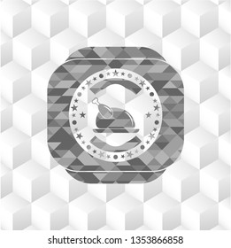 chicken dish icon inside grey emblem with geometric cube white background