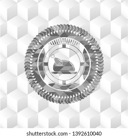 chicken dish icon inside grey emblem. Retro with geometric cube white background