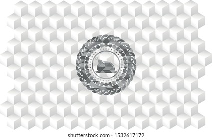 chicken dish icon inside grey badge with geometric cube white background