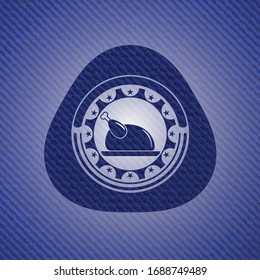 chicken dish icon inside jean or denim emblem or badge background