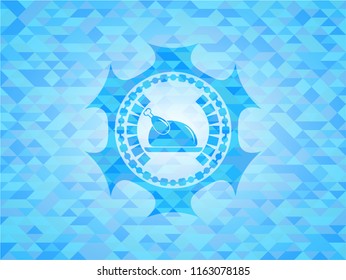chicken dish icon inside light blue emblem with triangle mosaic background