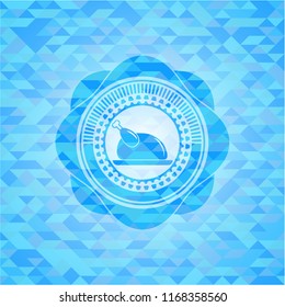 chicken dish icon inside light blue emblem. Mosaic background