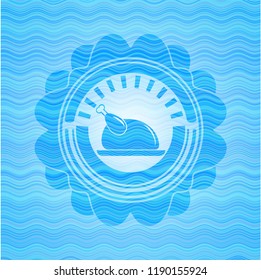 chicken dish icon inside light blue water wave style emblem.