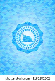 chicken dish icon inside light blue emblem. Mosaic background
