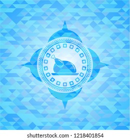 chicken dish icon inside light blue emblem with triangle mosaic background
