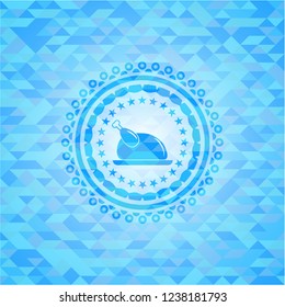chicken dish icon inside light blue emblem with mosaic ecological style background