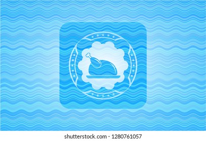 chicken dish icon inside light blue water badge background.