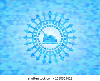 chicken dish icon inside light blue emblem with triangle mosaic background