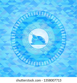 chicken dish icon inside light blue emblem. Mosaic background